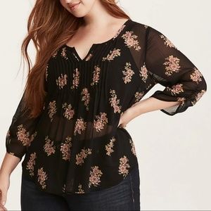 3/4 Sleeve Black Floral Print Chiffon Pintuck Top